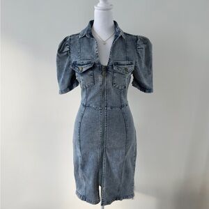 Denim Zip-Front Mini Dress with Puff Sleeves - Blue